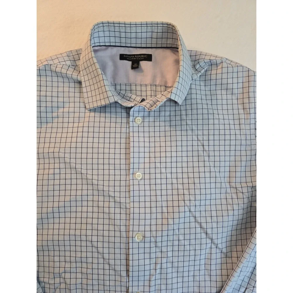 Banana Republic Mens Medium Blue Plaid Button Front Shirt Non-Iron Slim Fit